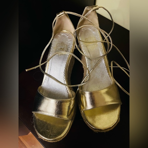Elle Shiny gold leather sandals tie-up espadrille wedges with high platform US10 - Picture 11 of 12